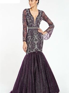 Mother of the Bride/Groom Beaded Deep Purple Long-Sleeve Mermaid Gown